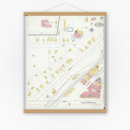 Old map wall art mockup — magnetic wood frame on white wall — Sanborn Fire Insurance Map from Wellington, Lorain County, Ohio (1904), Sheet #0003