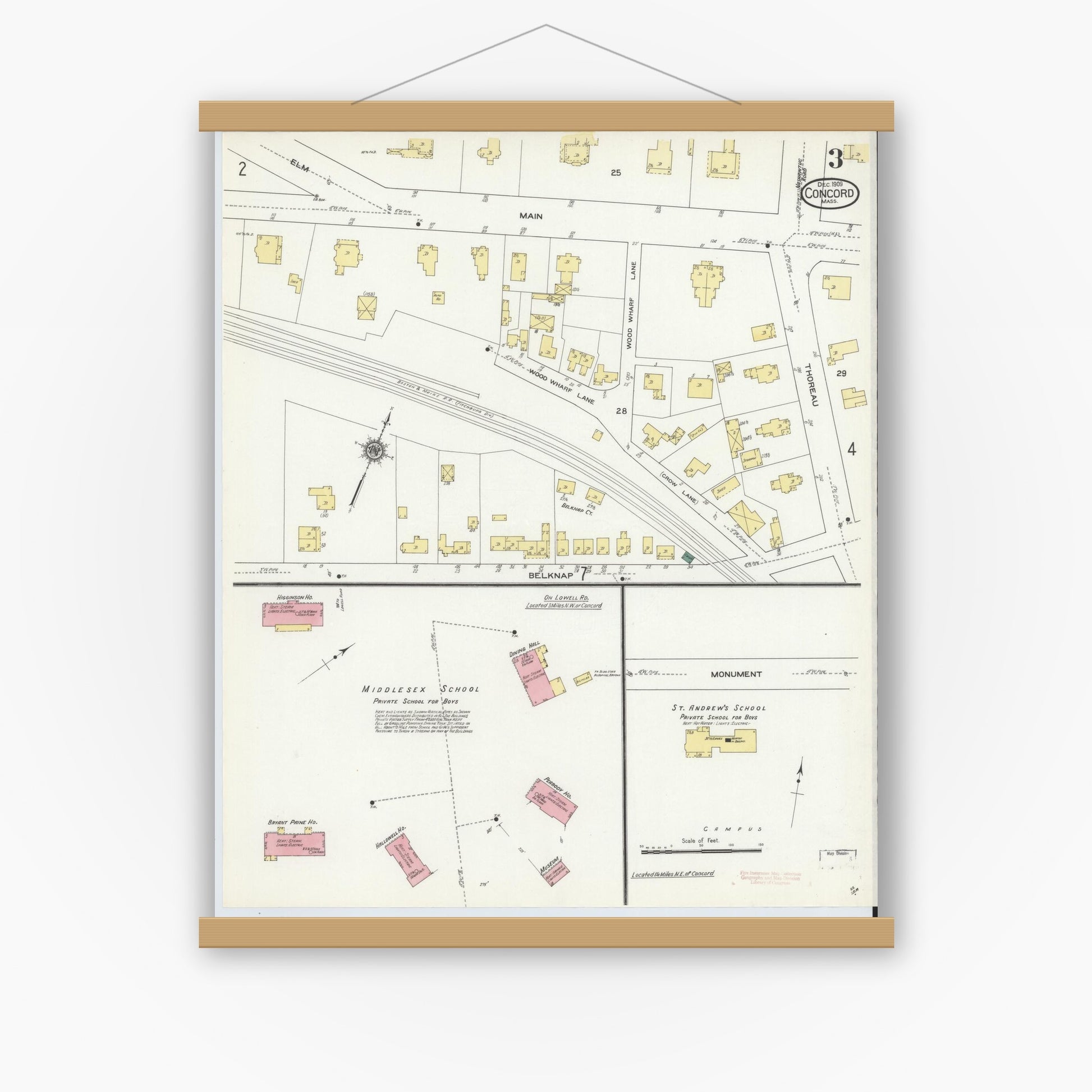 Old map wall art mockup — magnetic wood frame on white wall — Sanborn Fire Insurance Map from Concord, Middlesex County, Massachusetts (1909), Sheet #0003