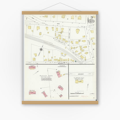 Old map wall art mockup — magnetic wood frame on white wall — Sanborn Fire Insurance Map from Concord, Middlesex County, Massachusetts (1909), Sheet #0003