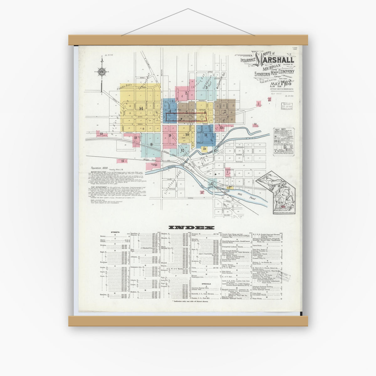 Old map wall art mockup — magnetic wood frame on white wall — Sanborn Fire Insurance Map from Marshall, Calhoun County, Michigan (1916), Sheet #0001