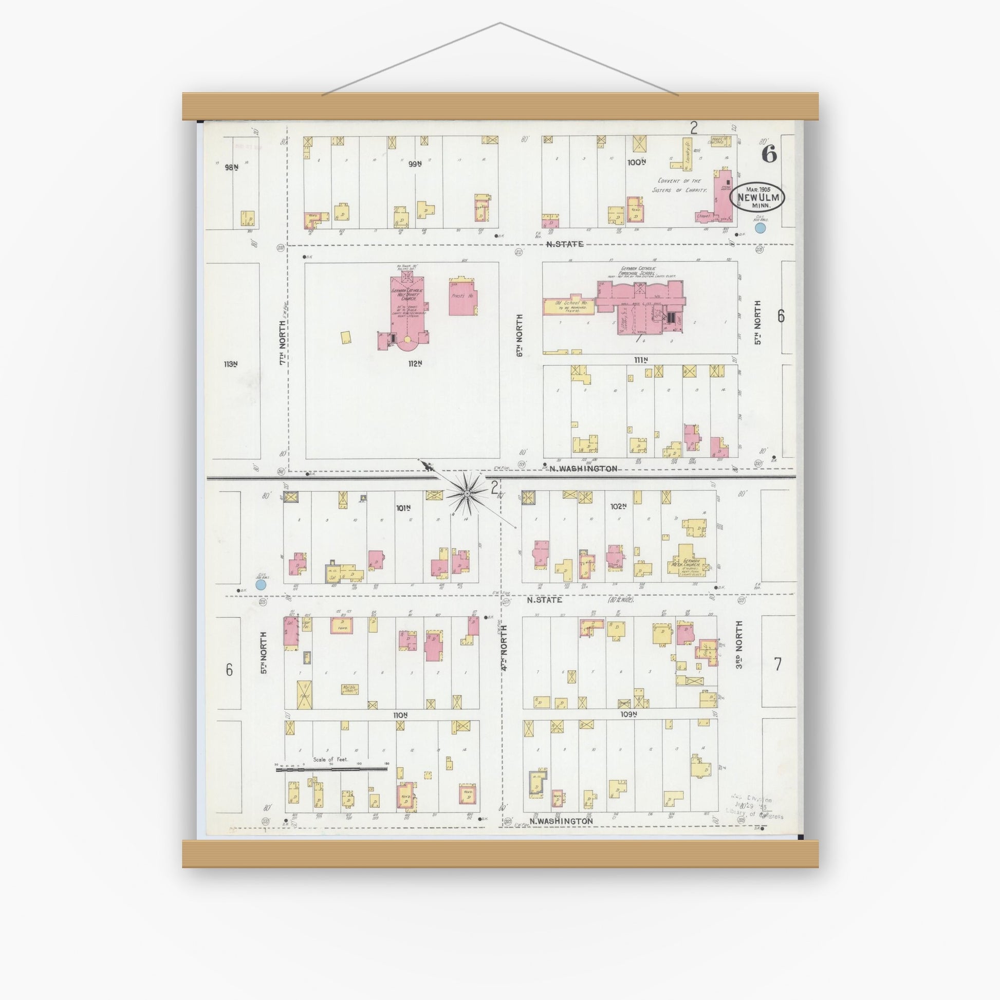 Old map wall art mockup — magnetic wood frame on white wall — Sanborn Fire Insurance Map from New Ulm, Brown County, Minnesota (1905), Sheet #0006