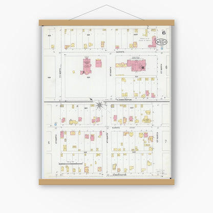 Old map wall art mockup — magnetic wood frame on white wall — Sanborn Fire Insurance Map from New Ulm, Brown County, Minnesota (1905), Sheet #0006