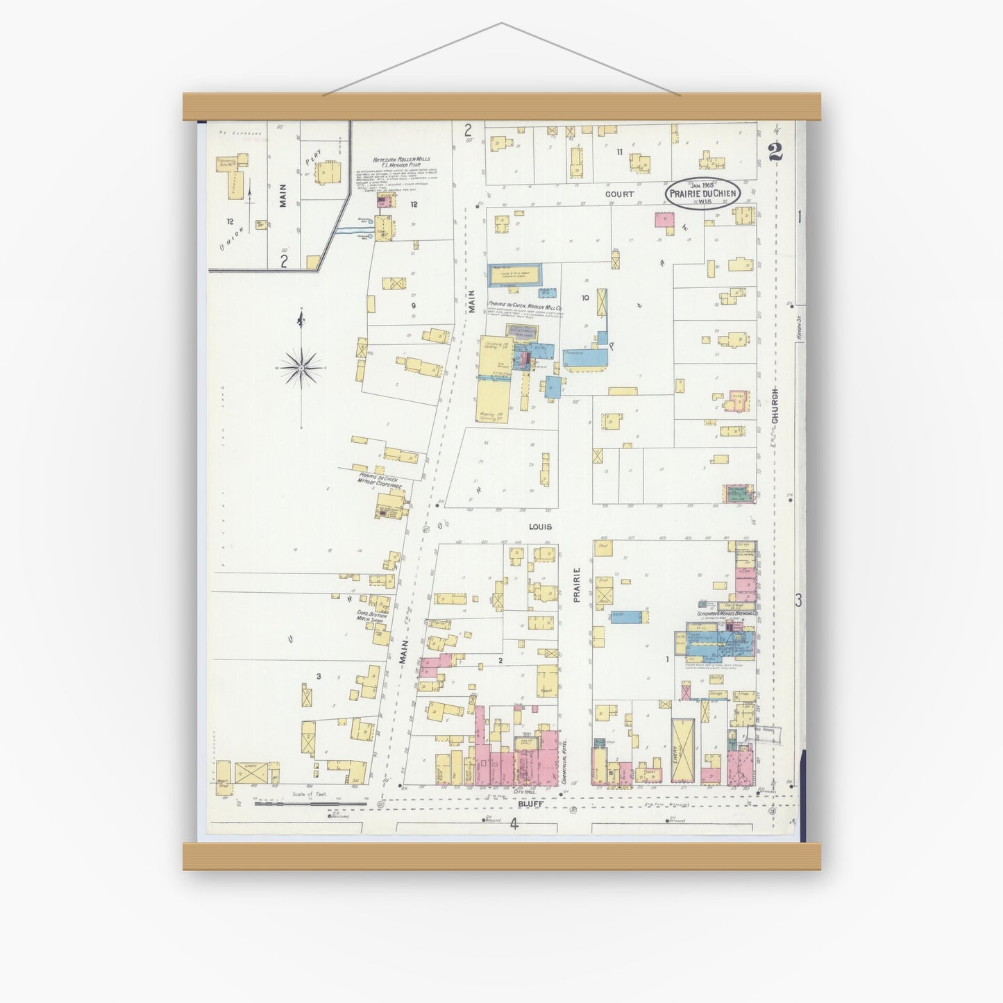 Old map wall art mockup — magnetic wood frame on white wall — Sanborn Fire Insurance Map from Prairie du Chien, Crawford County, Wisconsin (1905), Sheet #0002