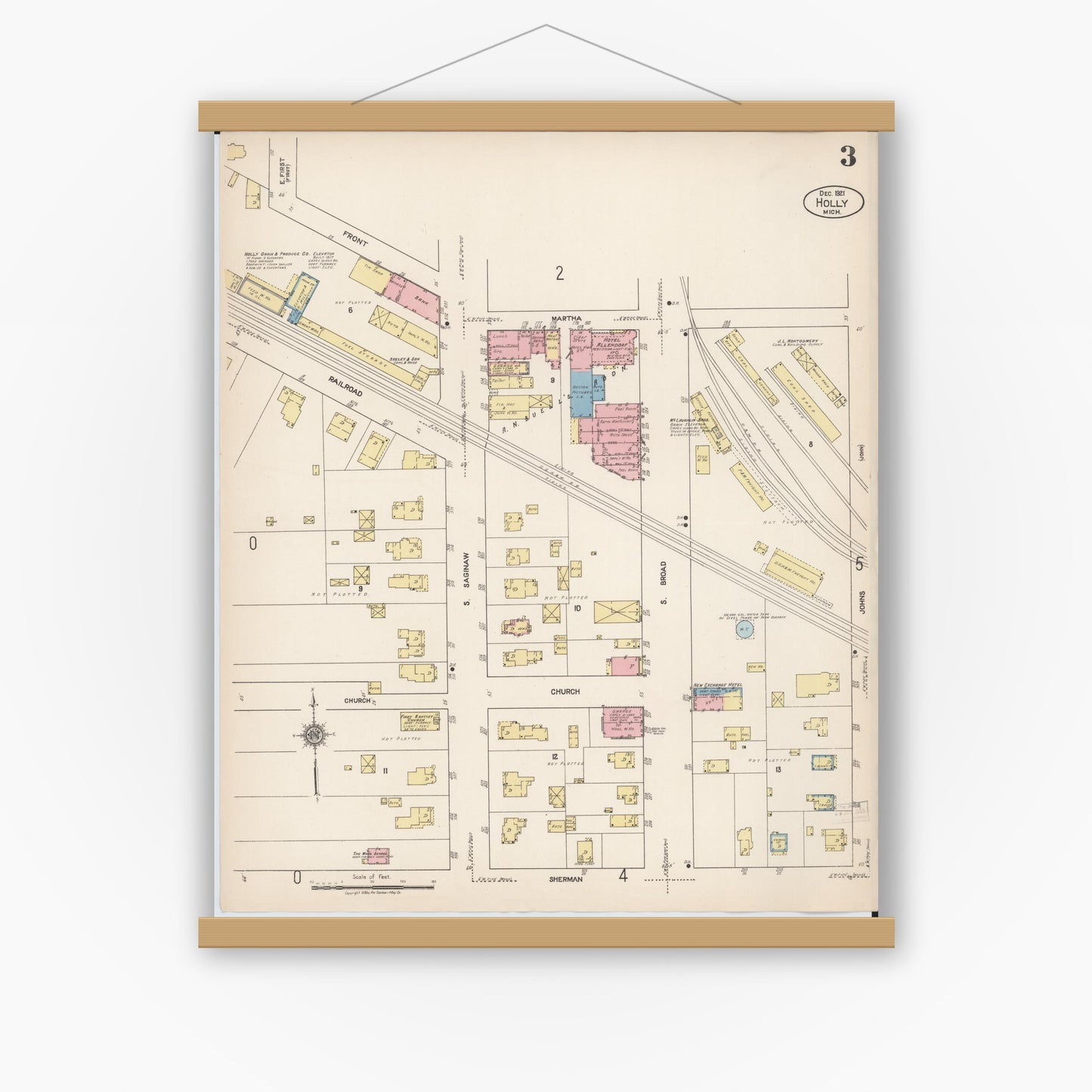 Old map wall art mockup — magnetic wood frame on white wall — Sanborn Fire Insurance Map from Holly, Oakland County, Michigan (1921), Sheet #0003