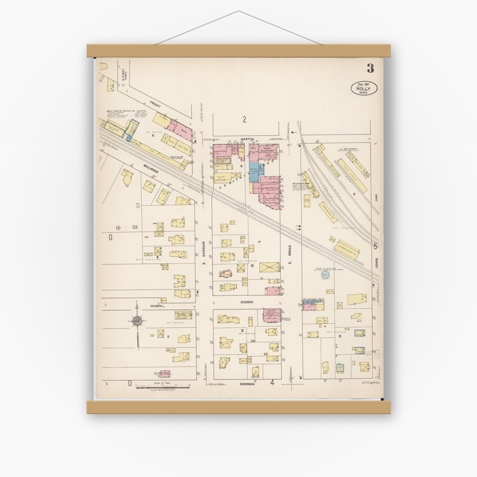 Old map wall art mockup — magnetic wood frame on white wall — Sanborn Fire Insurance Map from Holly, Oakland County, Michigan (1921), Sheet #0003