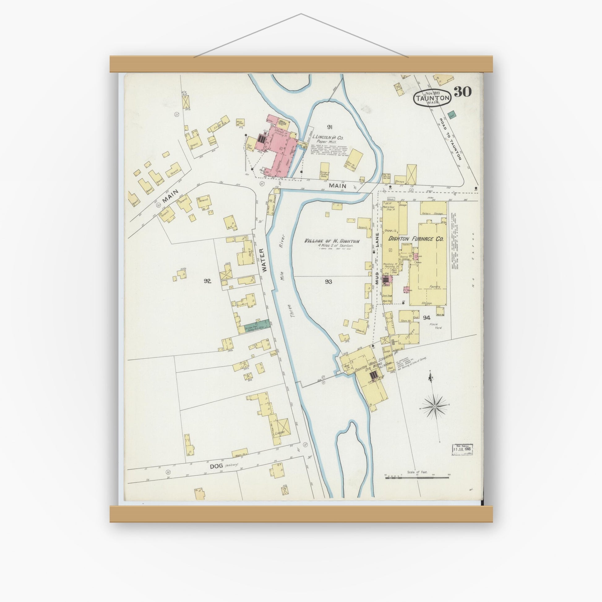 Old map wall art mockup — magnetic wood frame on white wall — Sanborn Fire Insurance Map from Taunton, Bristol County, Massachusetts (1893), Sheet #0030