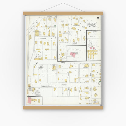 Old map wall art mockup — magnetic wood frame on white wall — Sanborn Fire Insurance Map from Centerburg, Knox County, Ohio (1900), Sheet #0002