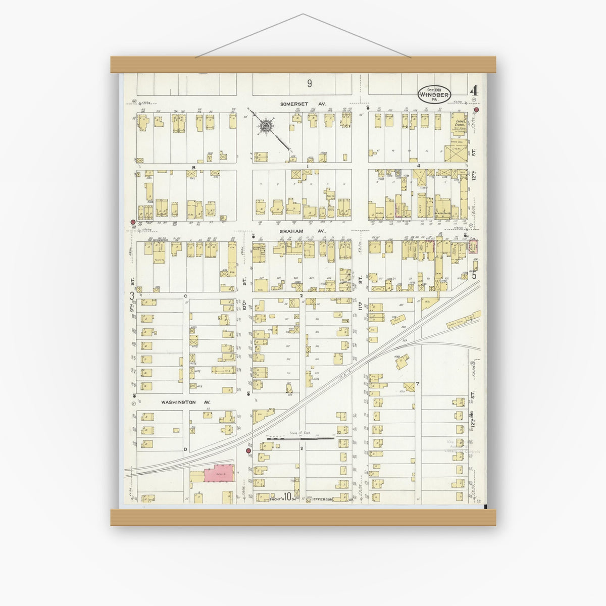 Old map wall art mockup — magnetic wood frame on white wall — Sanborn Fire Insurance Map from Windber, Somerset County, Pennsylvania (1910), Sheet #0004