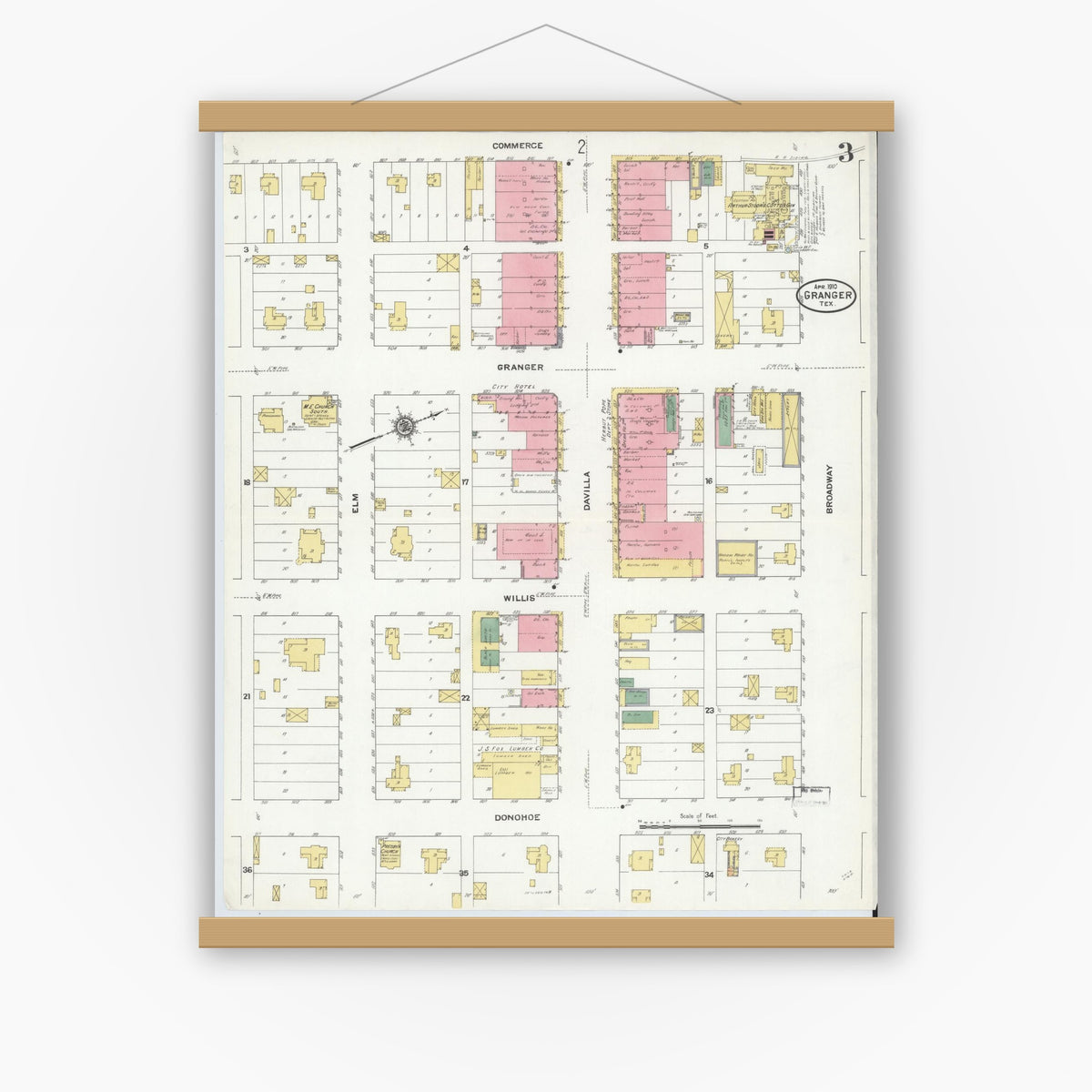 Old map wall art mockup — magnetic wood frame on white wall — Sanborn Fire Insurance Map from Granger, Williamson County, Texas (1910), Sheet #0003
