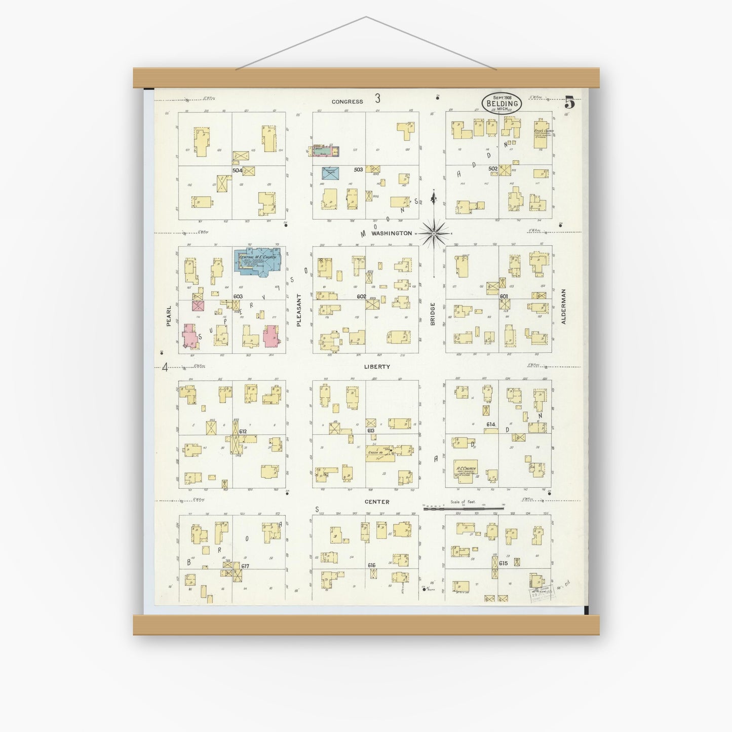 Old map wall art mockup — magnetic wood frame on white wall — Sanborn Fire Insurance Map from Belding, Ionia County, Michigan (1908), Sheet #0005