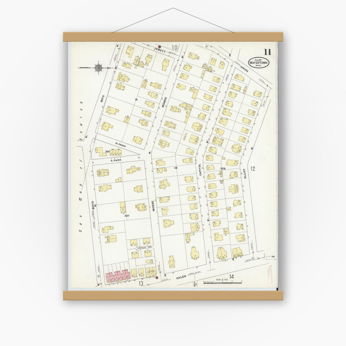 Old map wall art mockup — magnetic wood frame on white wall — Sanborn Fire Insurance Map from Watertown, Middlesex County, Massachusetts (1911), Sheet #0011