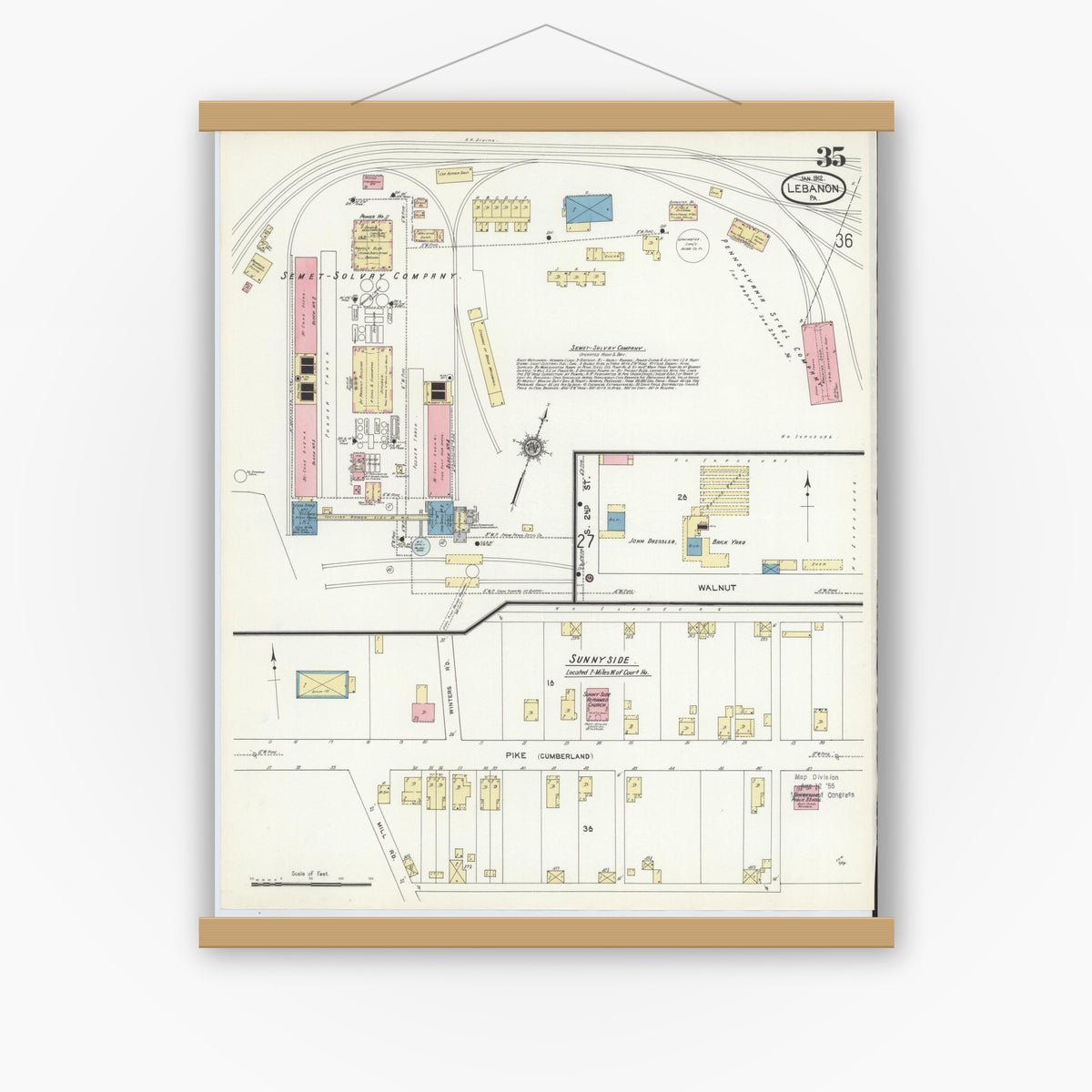 Old map wall art mockup — magnetic wood frame on white wall — Sanborn Fire Insurance Map from Lebanon, Lebanon County, Pennsylvania (1912), Sheet #0035