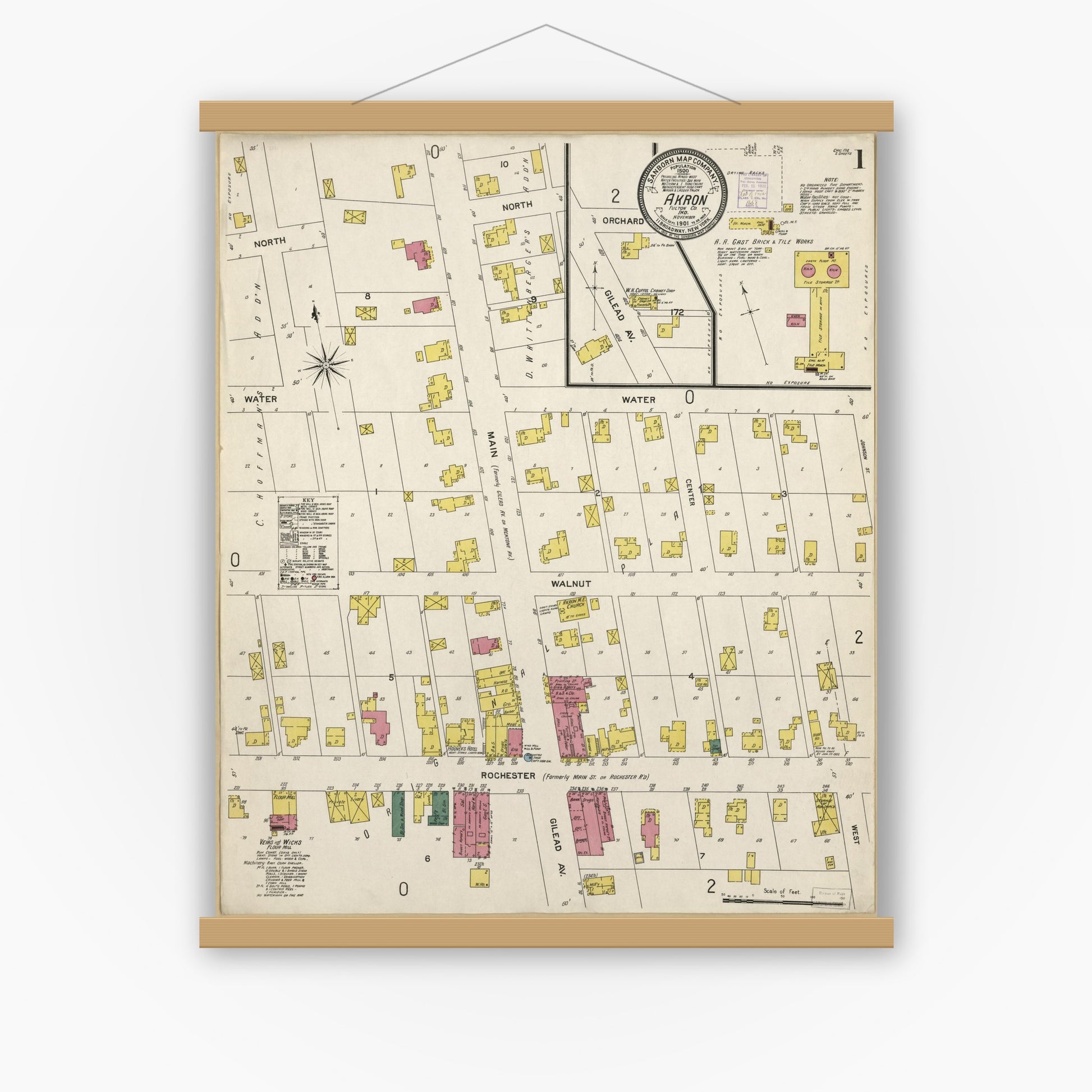 Old map wall art mockup — magnetic wood frame on white wall — Sanborn Fire Insurance Map from Akron, Fulton County, Indiana (1901), Sheet #0001