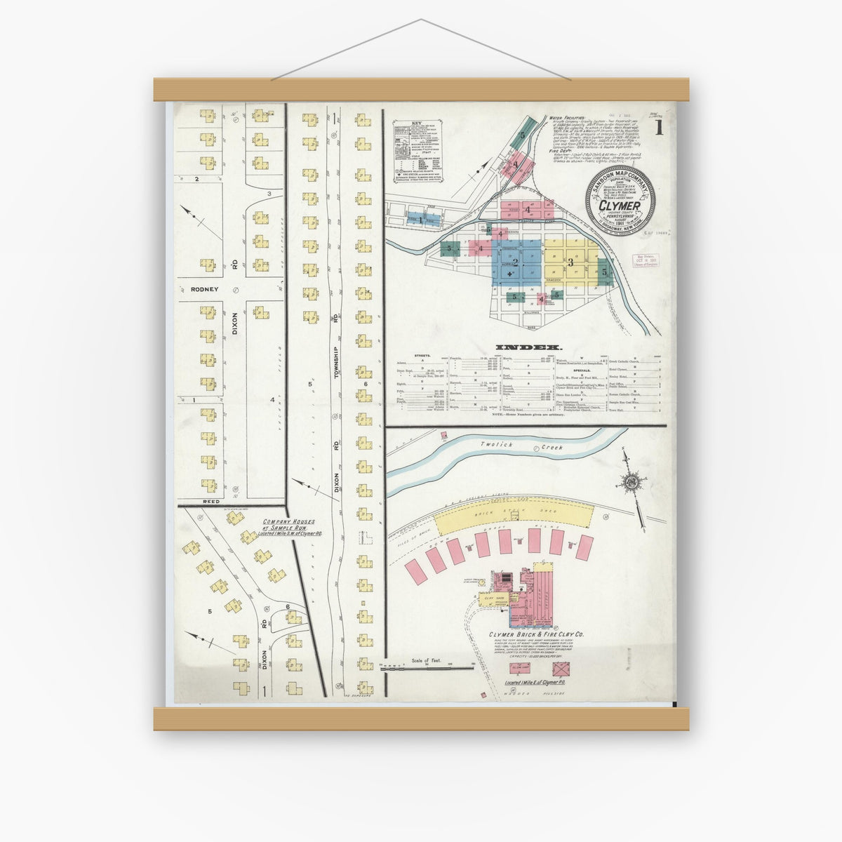 Old map wall art mockup — magnetic wood frame on white wall — Sanborn Fire Insurance Map from Clymer, Indiana County, Pennsylvania (1911), Sheet #0001