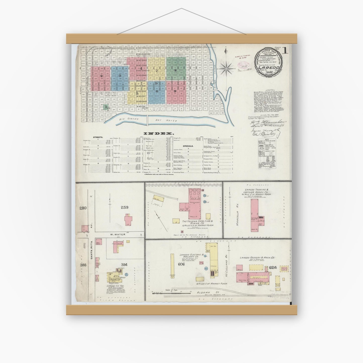 Old map wall art mockup — magnetic wood frame on white wall — Sanborn Fire Insurance Map from Laredo, Webb County, Texas (1894), Sheet #0001