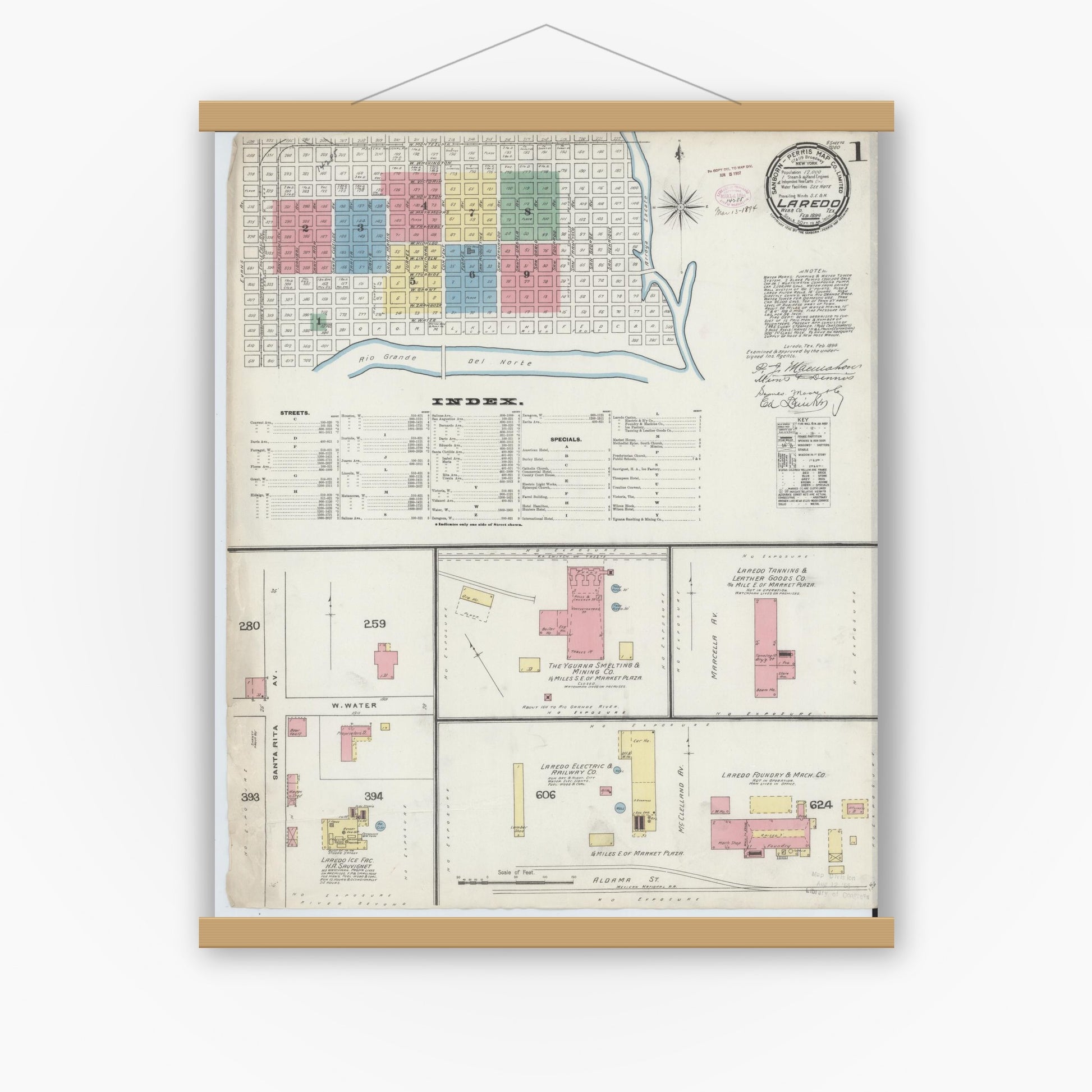 Old map wall art mockup — magnetic wood frame on white wall — Sanborn Fire Insurance Map from Laredo, Webb County, Texas (1894), Sheet #0001