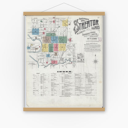 Old map wall art mockup — magnetic wood frame on white wall — Sanborn Fire Insurance Map from Streator, La Salle County, Illinois (1901) - Complete Map Set