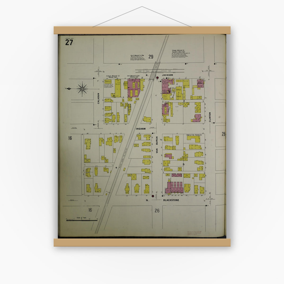 Old map wall art mockup — magnetic wood frame on white wall — Sanborn Fire Insurance Map from Jackson, Jackson County, Michigan (1907), Sheet #0027