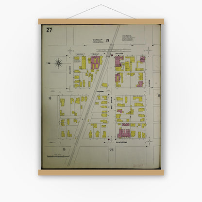 Old map wall art mockup — magnetic wood frame on white wall — Sanborn Fire Insurance Map from Jackson, Jackson County, Michigan (1907), Sheet #0027