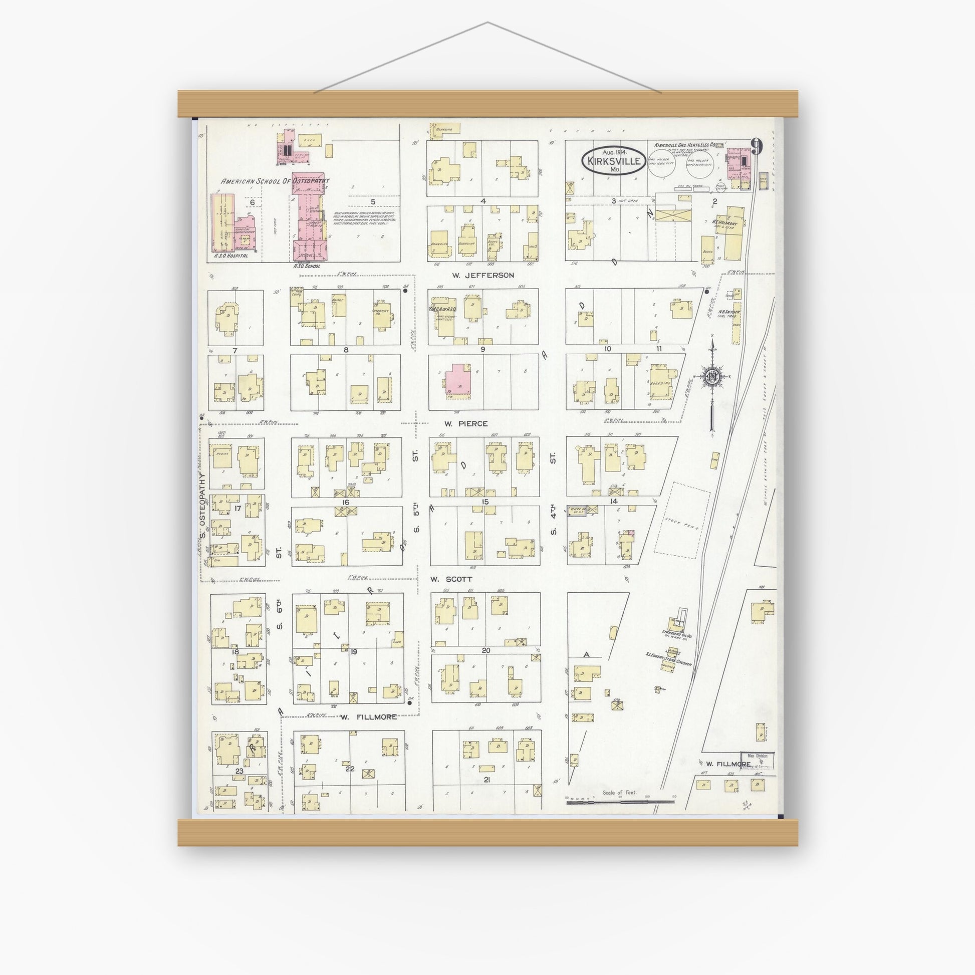 Old map wall art mockup — magnetic wood frame on white wall — Sanborn Fire Insurance Map from Kirksville, Adair County, Missouri (1914), Sheet #0009