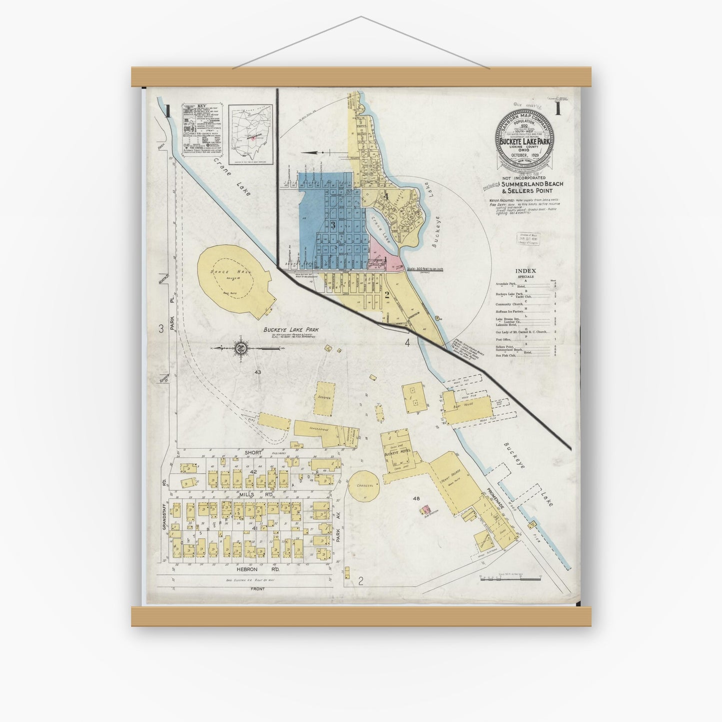 Old map wall art mockup — magnetic wood frame on white wall — Sanborn Fire Insurance Map from Buckeye Lake, Licking County, Ohio (1929), Sheet #0001