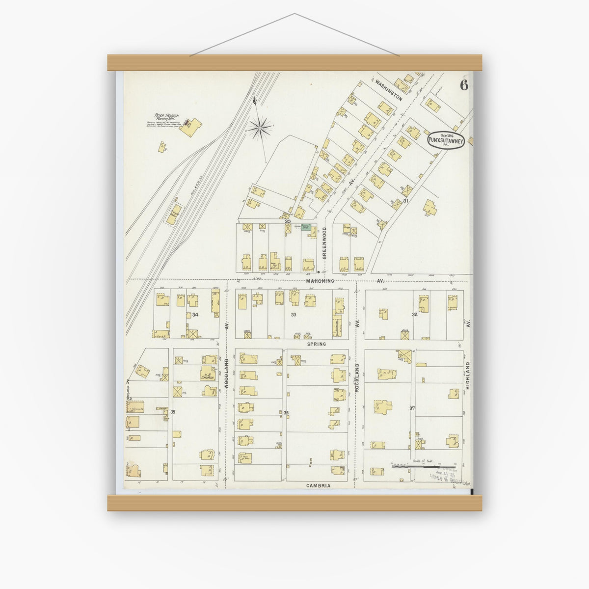 Old map wall art mockup — magnetic wood frame on white wall — Sanborn Fire Insurance Map from Punxsutawney, Jefferson County, Pennsylvania (1896), Sheet #0006