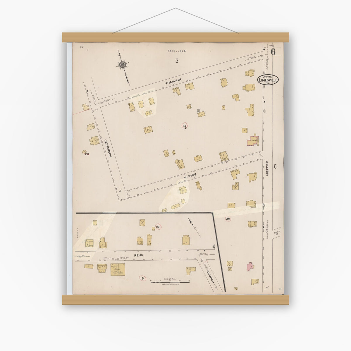 Old map wall art mockup — magnetic wood frame on white wall — Sanborn Fire Insurance Map from Linesville, Crawford County, Pennsylvania (1934), Sheet #0006