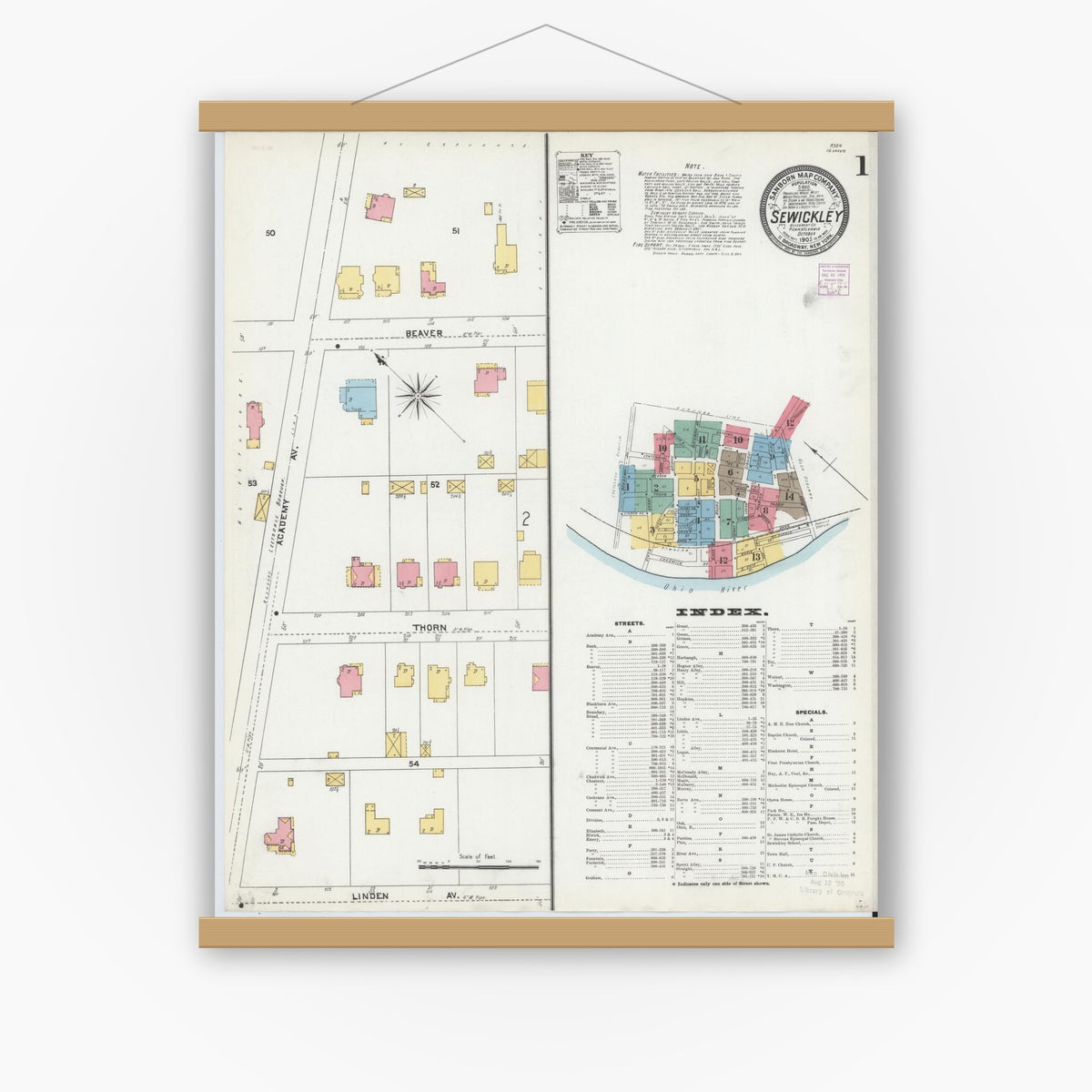 Old map wall art mockup — magnetic wood frame on white wall — Sanborn Fire Insurance Map from Sewickley, Allegheny County, Pennsylvania (1905) - Complete Map Set