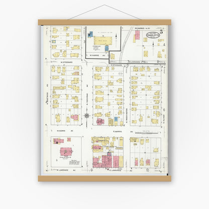 Old map wall art mockup — magnetic wood frame on white wall — Sanborn Fire Insurance Map from Charlotte, Eaton County, Michigan (1918), Sheet #0005