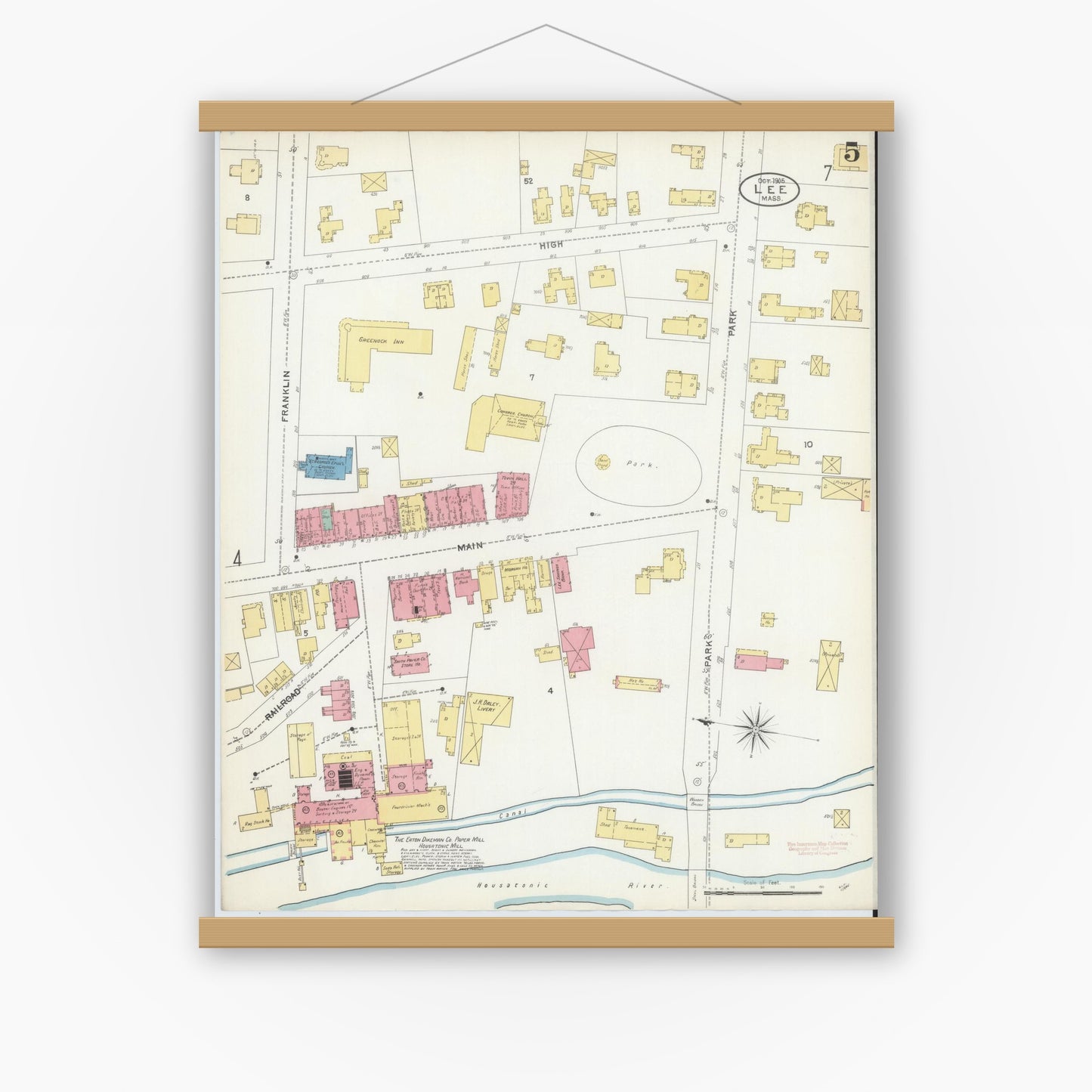 Old map wall art mockup — magnetic wood frame on white wall — Sanborn Fire Insurance Map from Lee, Berkshire County, Massachusetts (1905), Sheet #0005