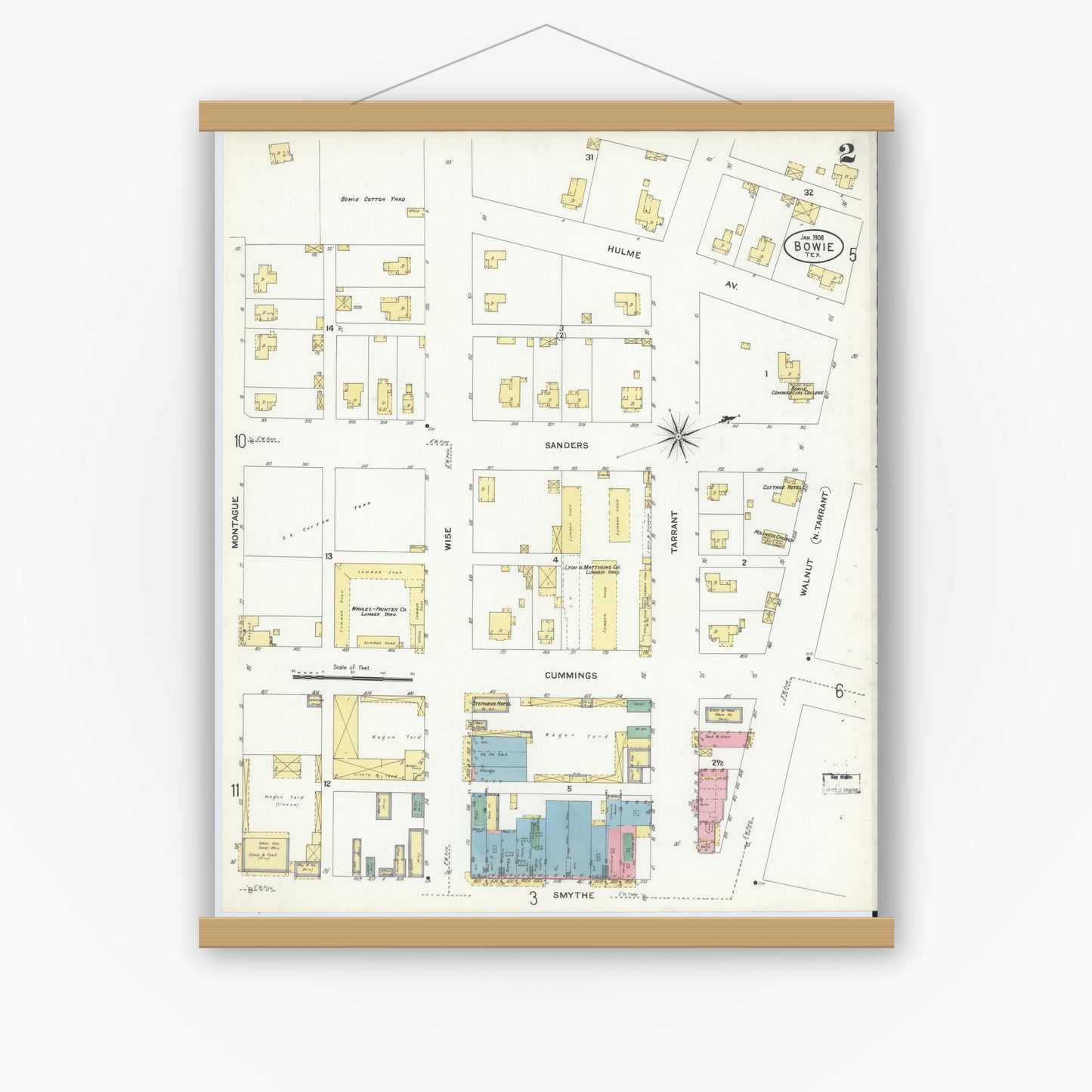 Old map wall art mockup — magnetic wood frame on white wall — Sanborn Fire Insurance Map from Bowie, Montague County, Texas (1908), Sheet #0002