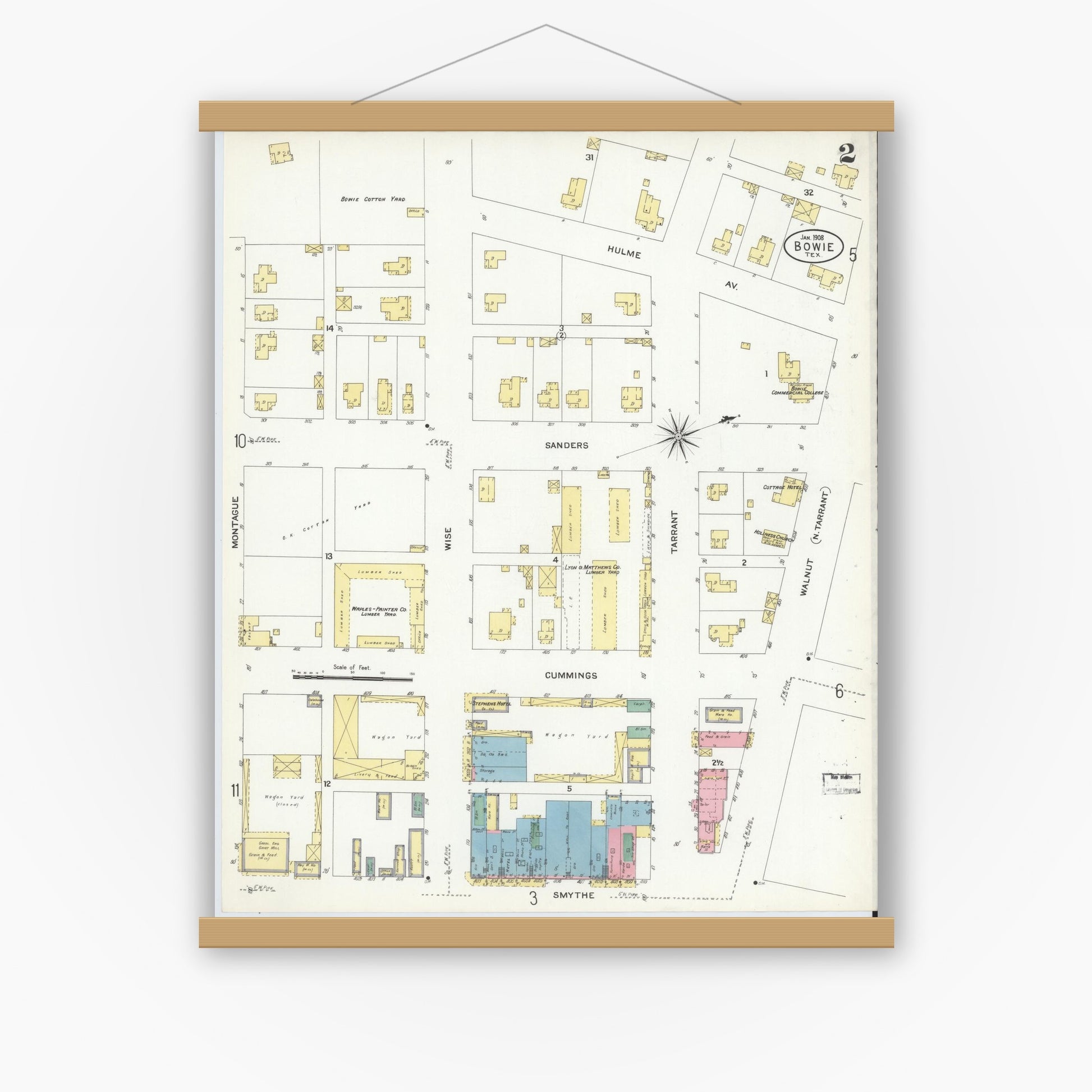 Old map wall art mockup — magnetic wood frame on white wall — Sanborn Fire Insurance Map from Bowie, Montague County, Texas (1908), Sheet #0002