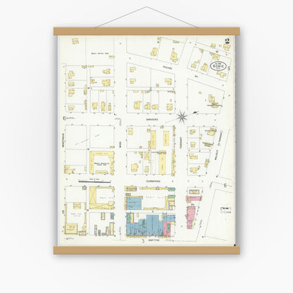 Old map wall art mockup — magnetic wood frame on white wall — Sanborn Fire Insurance Map from Bowie, Montague County, Texas (1908), Sheet #0002