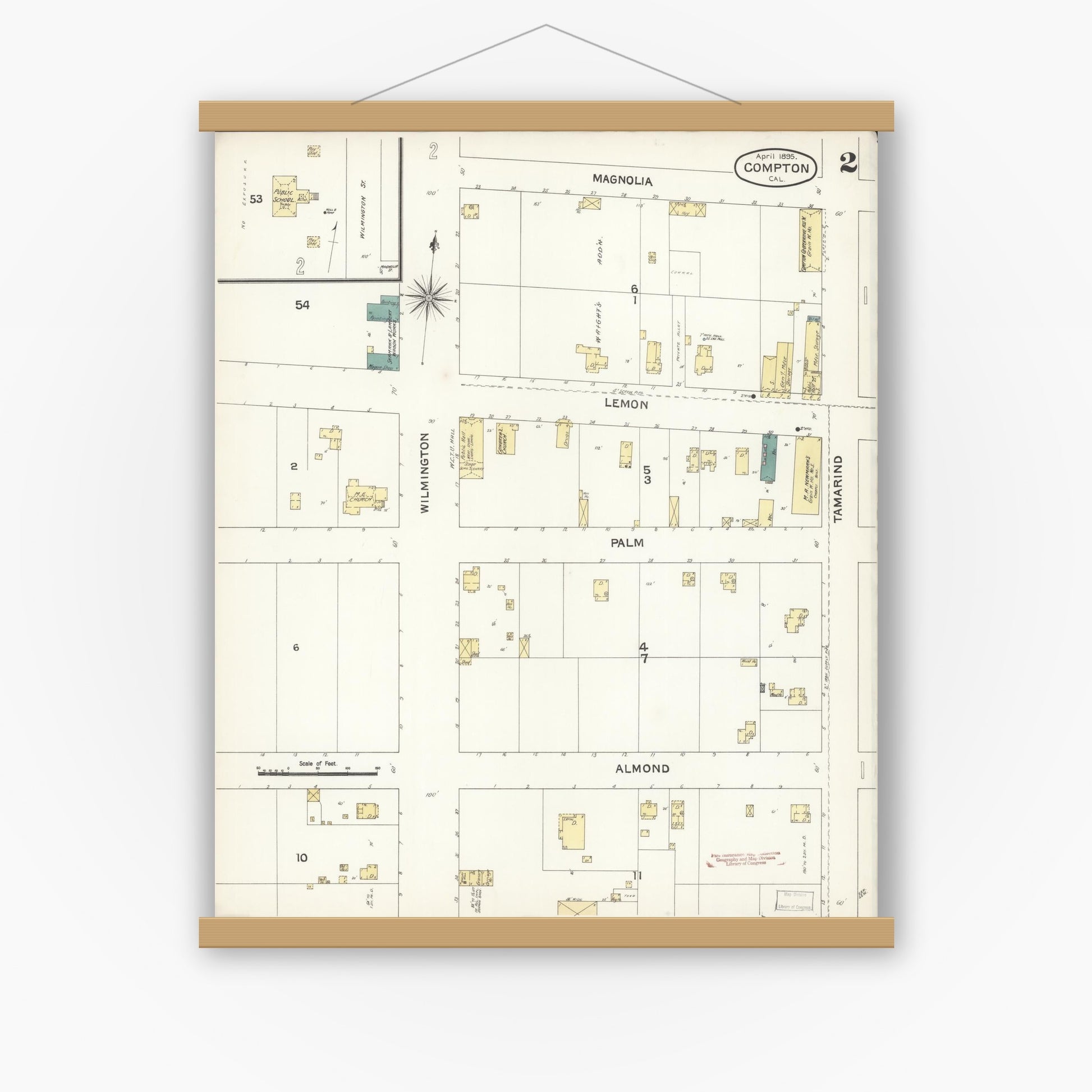 Old map wall art mockup — magnetic wood frame on white wall — Sanborn Fire Insurance Map from Compton, Los Angeles County, California (1895), Sheet #0002