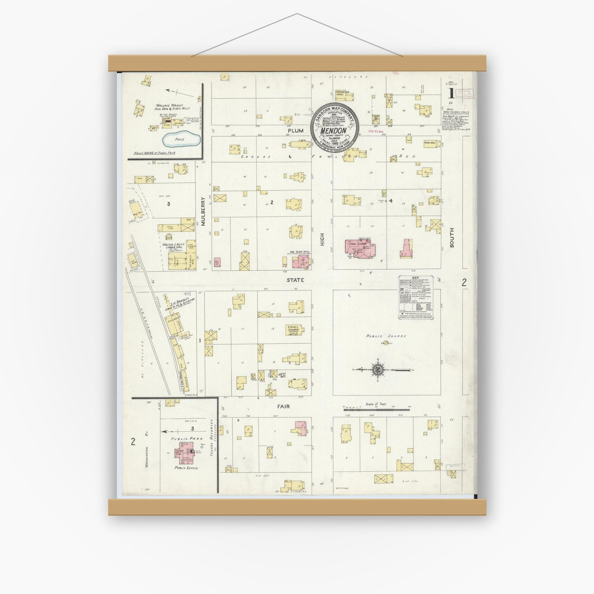 Old map wall art mockup — magnetic wood frame on white wall — Sanborn Fire Insurance Map from Mendon, Adams County, Illinois (1910) - Complete Map Set
