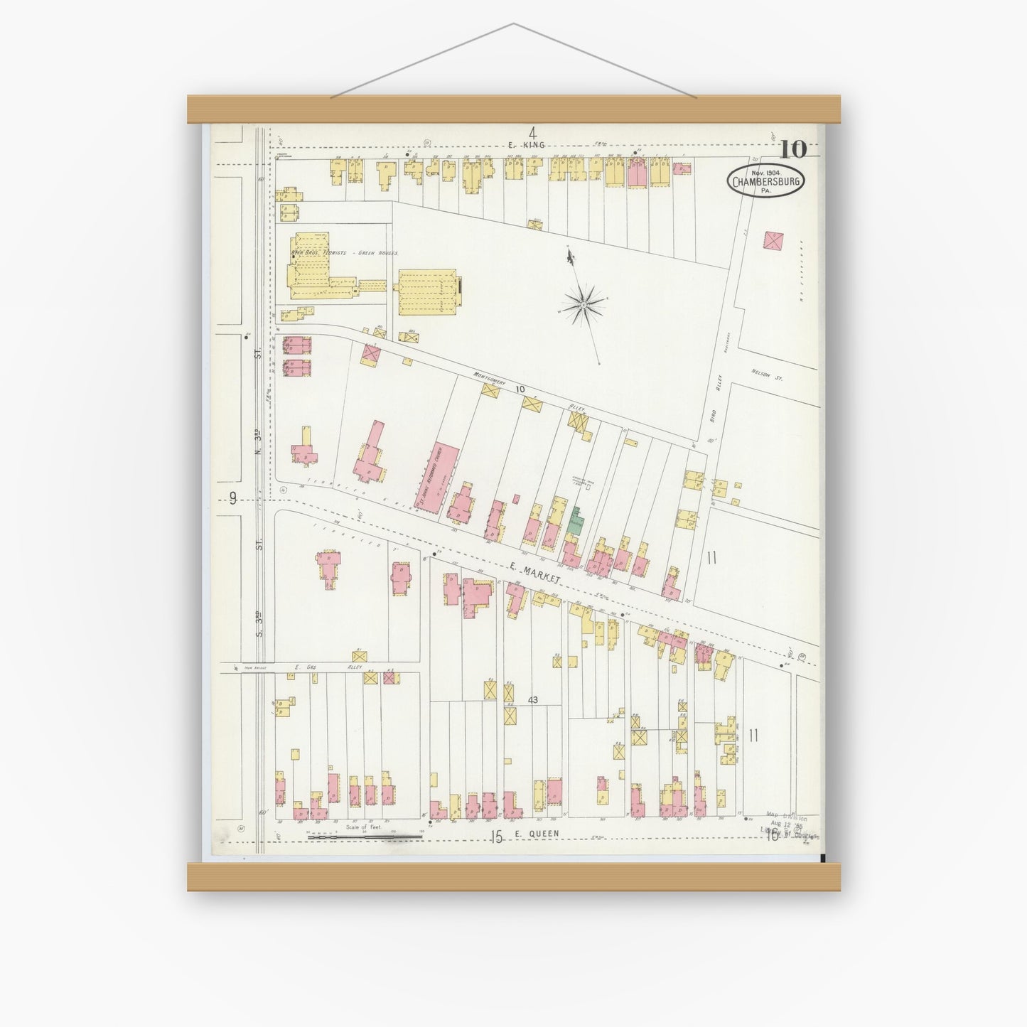 Old map wall art mockup — magnetic wood frame on white wall — Sanborn Fire Insurance Map from Chambersburg, Franklin County, Pennsylvania (1904), Sheet #0010