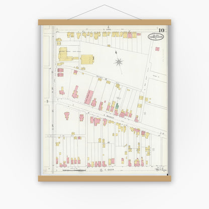 Old map wall art mockup — magnetic wood frame on white wall — Sanborn Fire Insurance Map from Chambersburg, Franklin County, Pennsylvania (1904), Sheet #0010