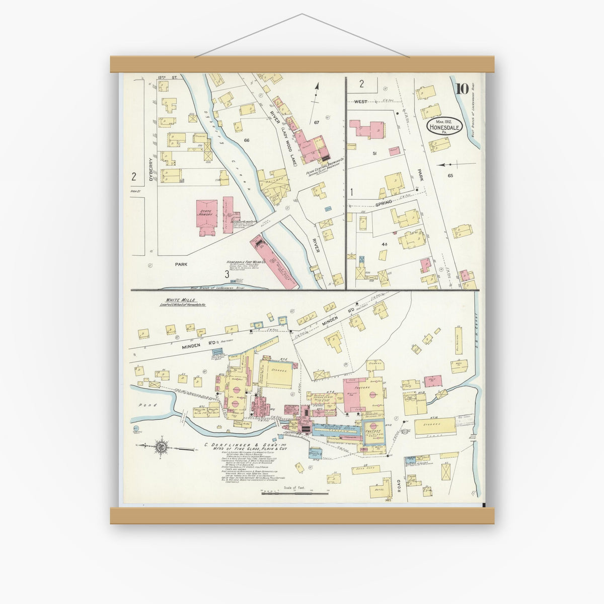 Old map wall art mockup — magnetic wood frame on white wall — Sanborn Fire Insurance Map from Honesdale, Wayne County, Pennsylvania (1912), Sheet #0010