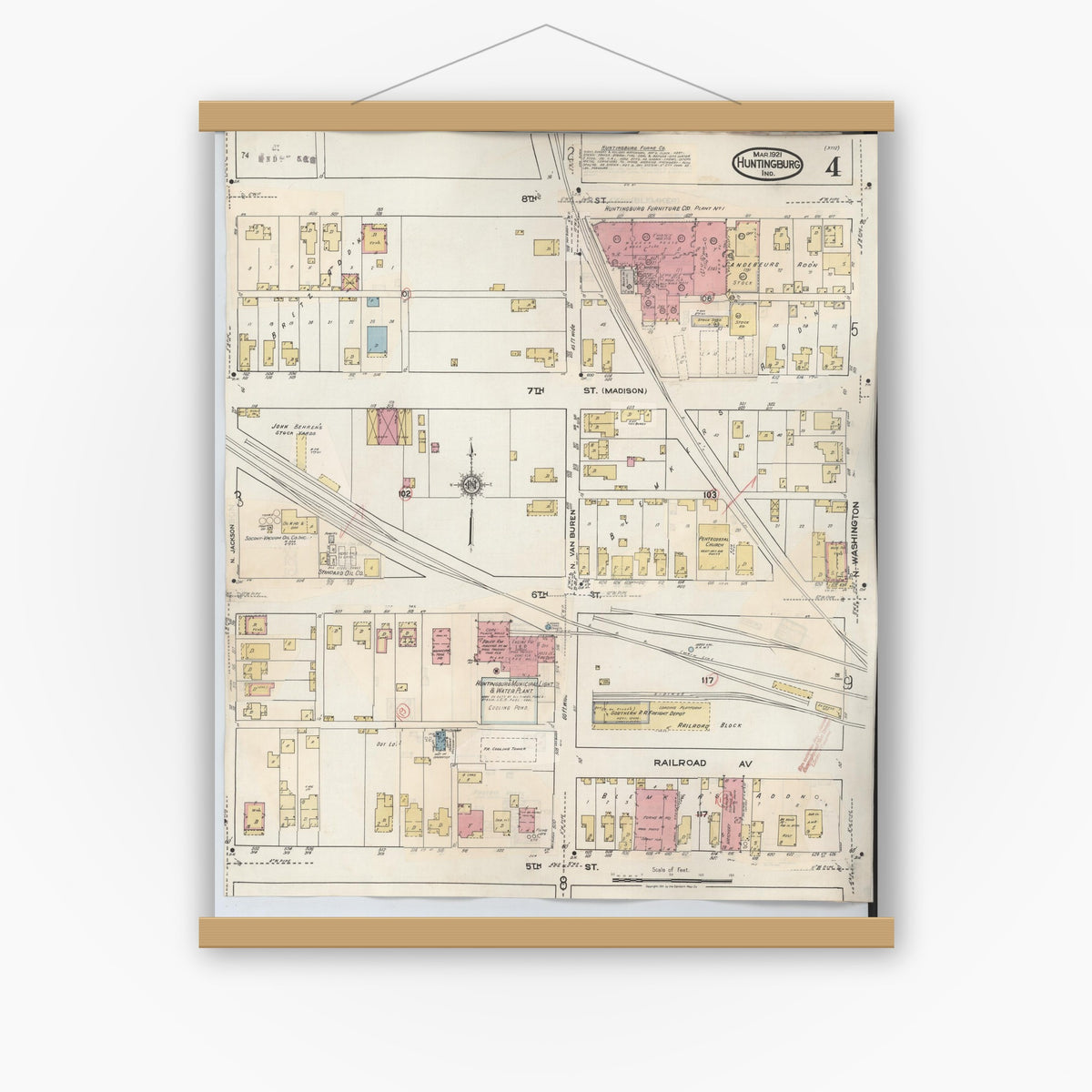 Old map wall art mockup — magnetic wood frame on white wall — Sanborn Fire Insurance Map from Huntingburg, Dubois County, Indiana (1949), Sheet #0004