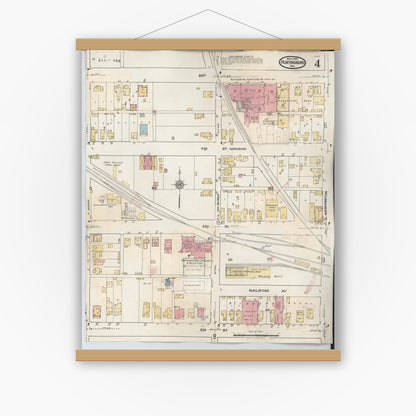 Old map wall art mockup — magnetic wood frame on white wall — Sanborn Fire Insurance Map from Huntingburg, Dubois County, Indiana (1949), Sheet #0004