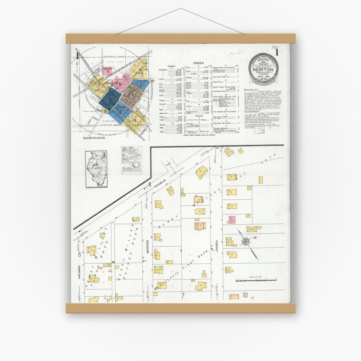 Old map wall art mockup — magnetic wood frame on white wall — Sanborn Fire Insurance Map from Morton, Tazewell County, Illinois (1926) - Complete Map Set