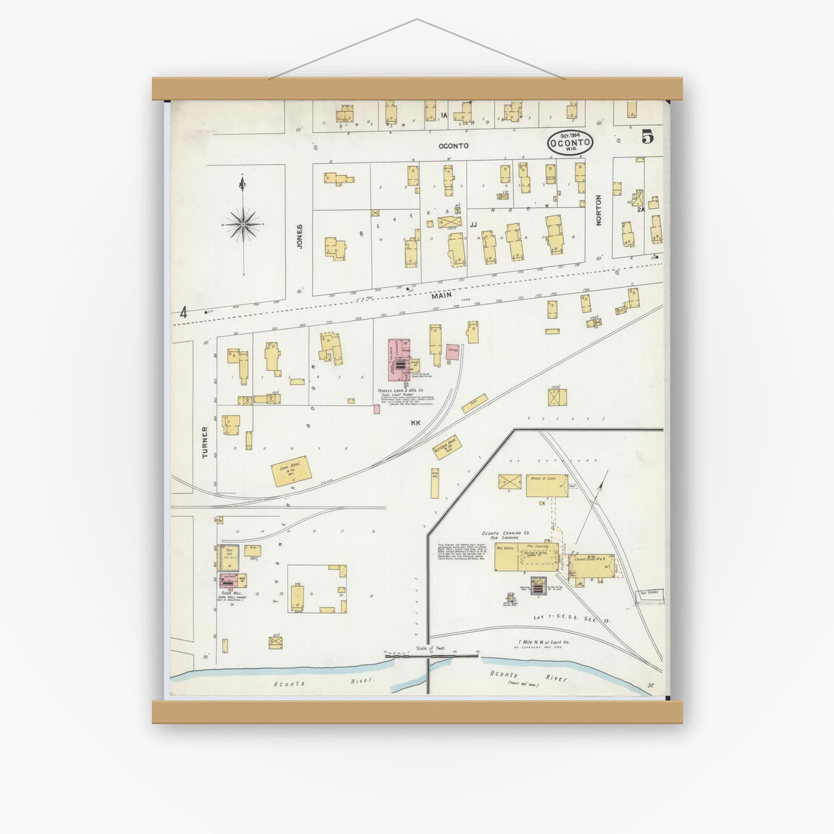 Old map wall art mockup — magnetic wood frame on white wall — Sanborn Fire Insurance Map from Oconto, Oconto County, Wisconsin (1904), Sheet #0005