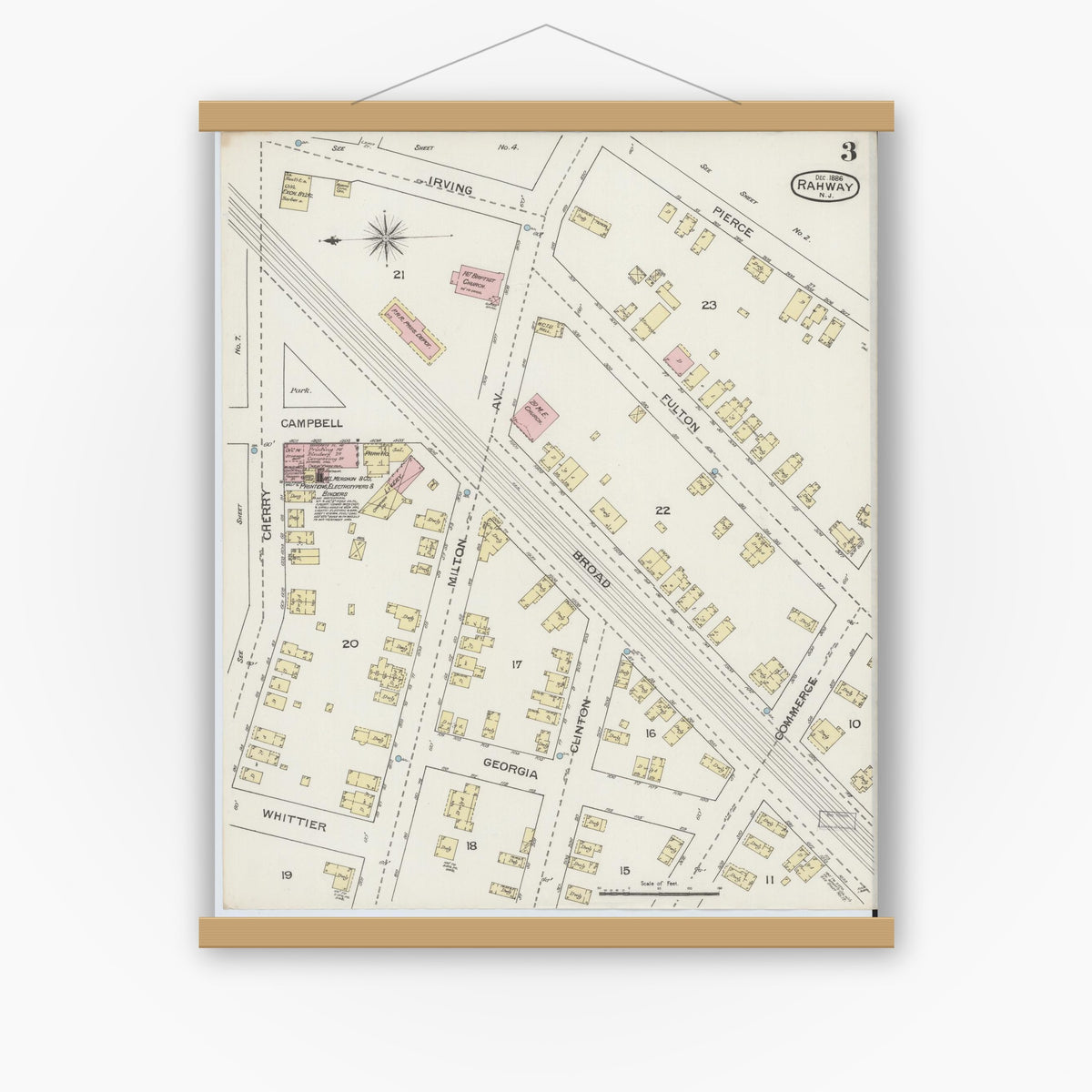Old map wall art mockup — magnetic wood frame on white wall — Sanborn Fire Insurance Map from Rahway, Union County, New Jersey (1886), Sheet #0003
