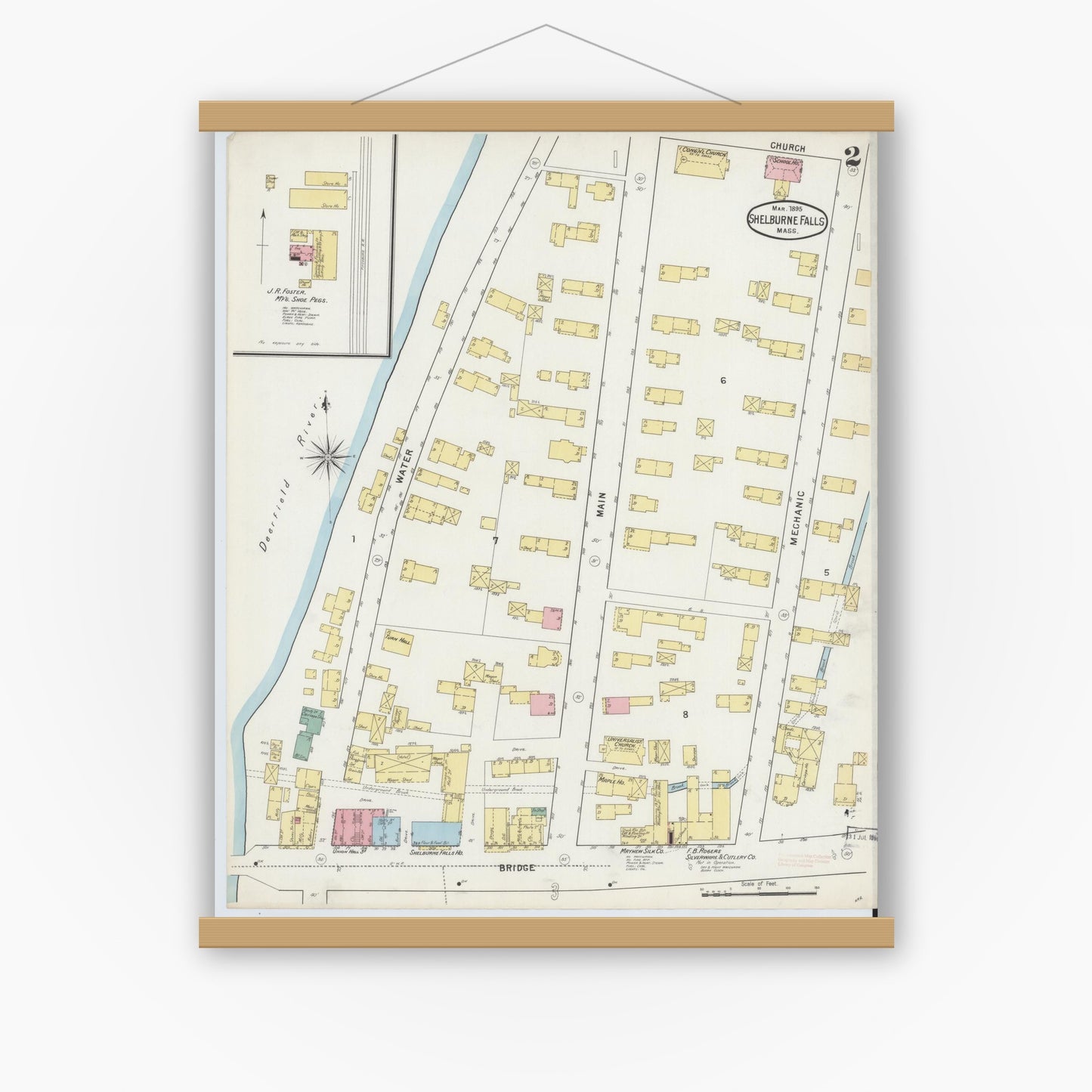 Old map wall art mockup — magnetic wood frame on white wall — Sanborn Fire Insurance Map from Shelburne Falls, Franklin County, Massachusetts (1895), Sheet #0002