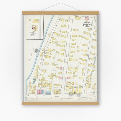 Old map wall art mockup — magnetic wood frame on white wall — Sanborn Fire Insurance Map from Shelburne Falls, Franklin County, Massachusetts (1895), Sheet #0002