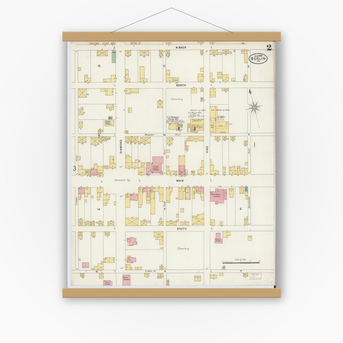 Old map wall art mockup — magnetic wood frame on white wall — Sanborn Fire Insurance Map from Berlin, Somerset County, Pennsylvania (1898), Sheet #0002
