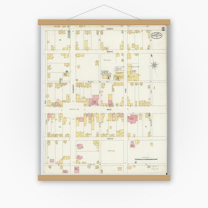 Old map wall art mockup — magnetic wood frame on white wall — Sanborn Fire Insurance Map from Berlin, Somerset County, Pennsylvania (1898), Sheet #0002