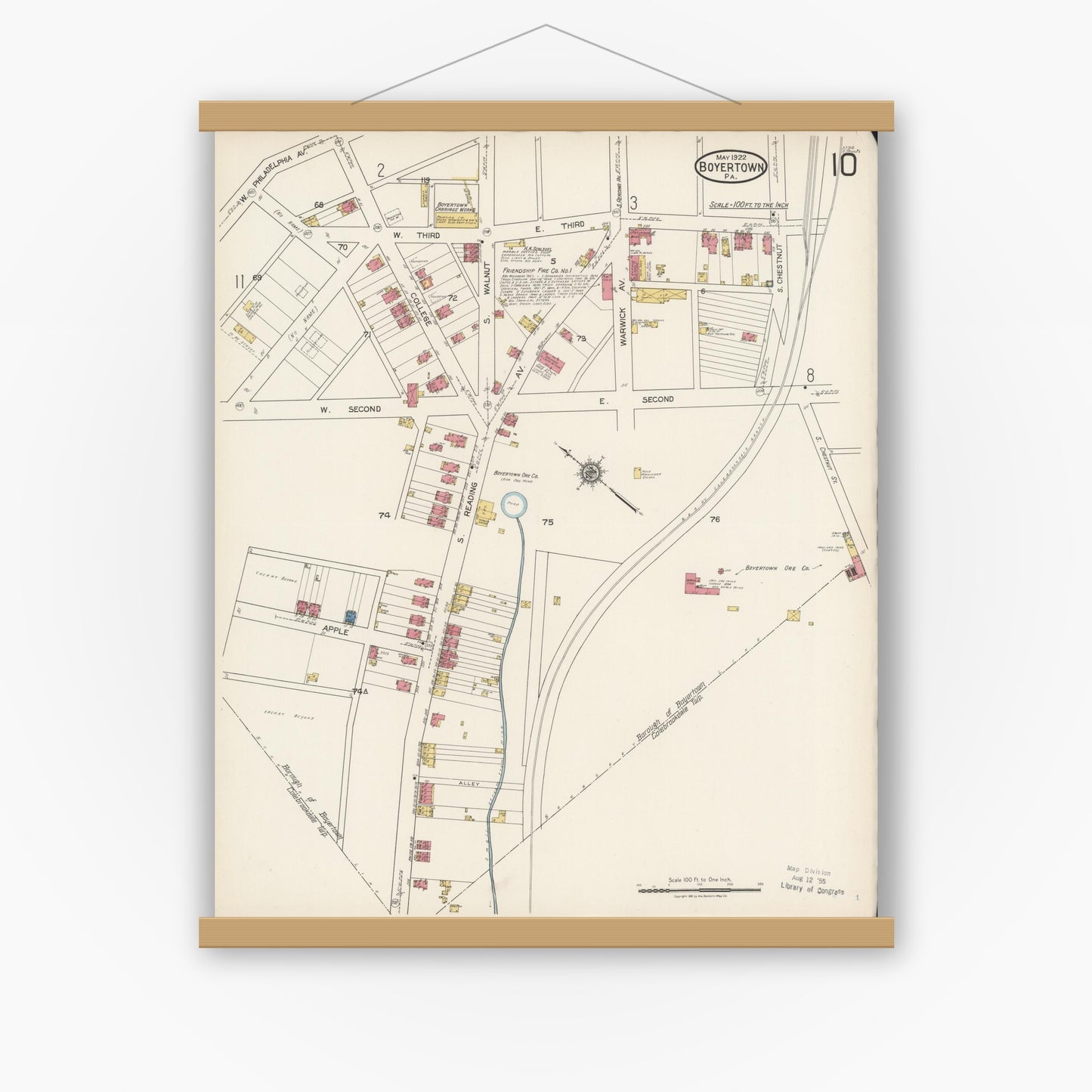 Old map wall art mockup — magnetic wood frame on white wall — Sanborn Fire Insurance Map from Boyertown, Berks County, Pennsylvania (1922), Sheet #0010