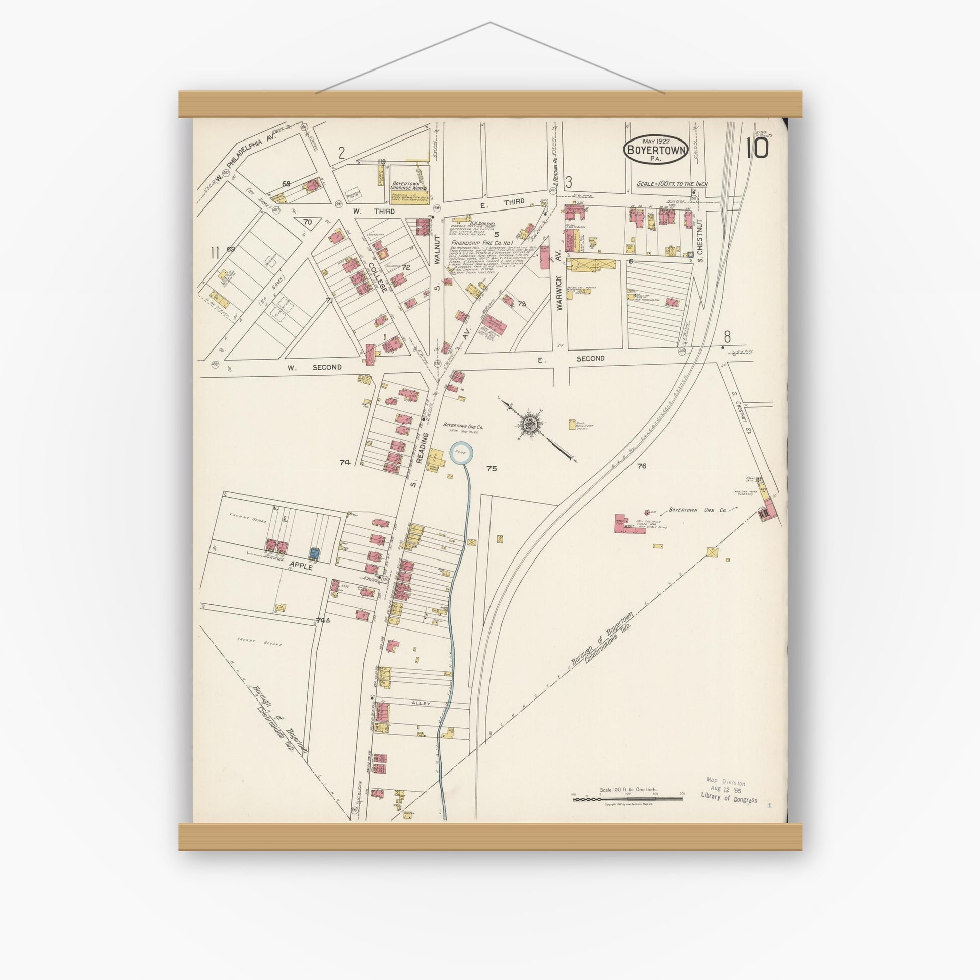 Old map wall art mockup — magnetic wood frame on white wall — Sanborn Fire Insurance Map from Boyertown, Berks County, Pennsylvania (1922), Sheet #0010