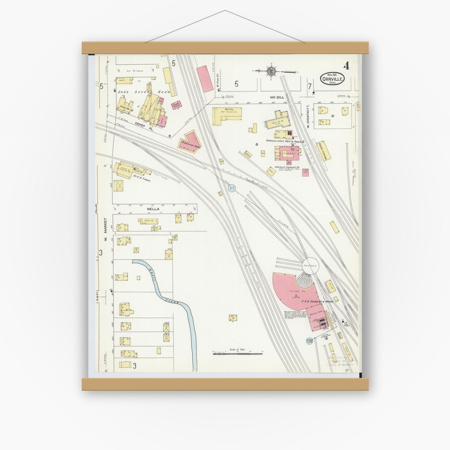 Old map wall art mockup — magnetic wood frame on white wall — Sanborn Fire Insurance Map from Orrville, Wayne County, Ohio (1911), Sheet #0004